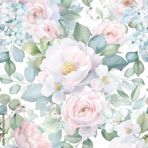 Watercolor Floral Seamless Pattern with Pink and White Roses and Blue Flowers