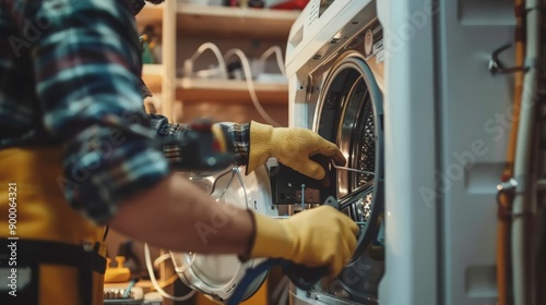 Back view of a repair technician fixing a broken appliance in a customer's home