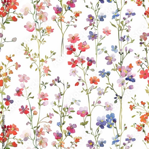 Watercolor Floral Pattern Seamless, Delicate Wildflowers on White Background