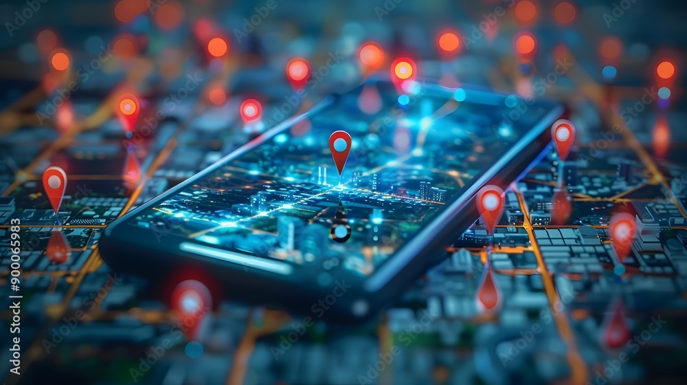 Digital cityscape on smartphone with location pins and map, mobile app concept, digital marketing, big data network, futuristic style