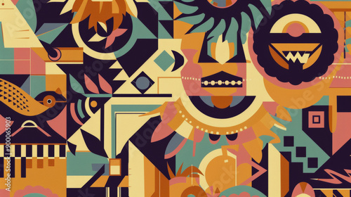 Vibrant Abstract Mural with Ancient Cultural Patterns