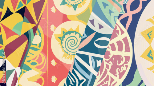 Vibrant Abstract Mural with Ancient Cultural Patterns