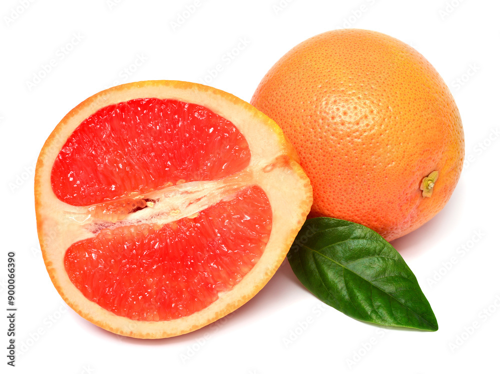 Grapefruit whole and slice with leaves isolated on white background Grapefruit whole and slice with leaves isolated on white background
