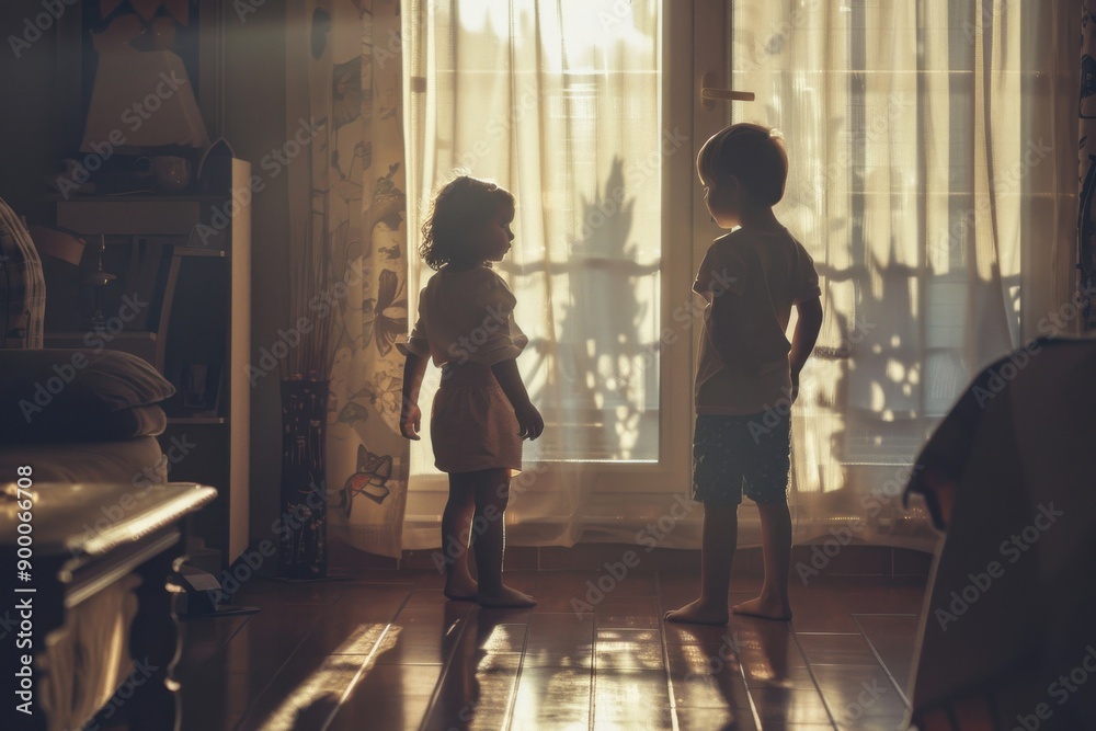 Children getting ready for school, early in the morning, at home, pastel colors in clothes, light modern home interior, dawn light