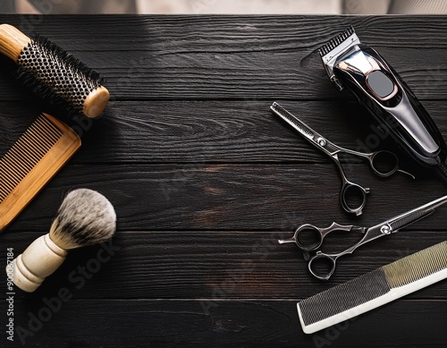 Accesorios de Barbería sobre Mesa de Madera Negra - Peines, Tijeras y Brocha de Afeitar photo