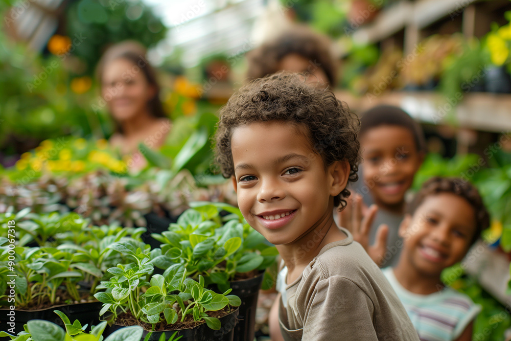 A group of children are smiling and posing in front of a plant nursery