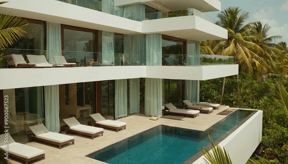Exterior and interior design showing tropical pool villa with green garden with sun bed and blue sky background15 Exterior and interior design showing tropical pool villa with green garden with sun bed and blue sky background15