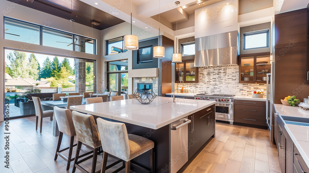 Beautiful kitchen in luxury modern contemporary home interior with island and chairs Beautiful kitchen in luxury modern contemporary home interior with island and chairs
