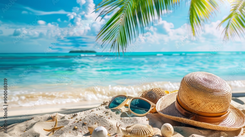 Obraz premium Tropical beach with sunbathing accessories, summer holiday background