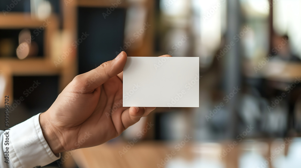Close-up of a blank white business card mockup being handed over in an office setting Close-up of a blank white business card mockup being handed over in an office setting