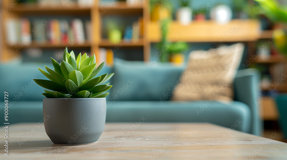 Close-up of a small potted plant on a table with a blurred sofa and bookshelf in the background. Simple, stylish interior design. Close-up of a small potted plant on a table with a blurred sofa and bookshelf in the background. Simple, stylish interior design.