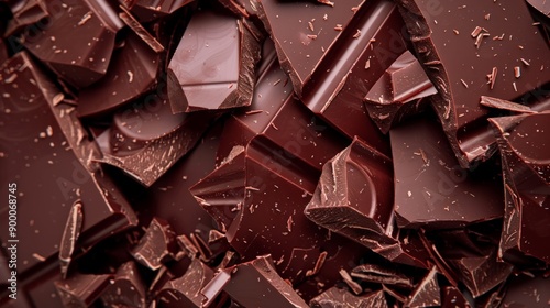 An arrangement of dark chocolate pieces forming a detailed and textured background. Perfect for dessert concepts.