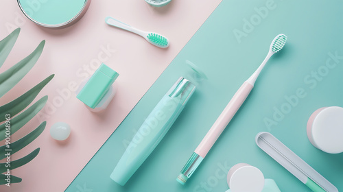 Dental supplies and decor on pastel background, emphasizing oral hygiene and modern minimalist design.