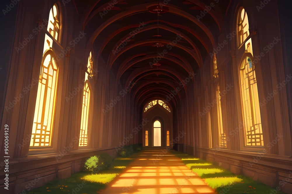 ゲーム背景 夕焼けの王国の神殿入口回廊風景 ゲーム背景 夕焼けの王国の神殿入口回廊風景