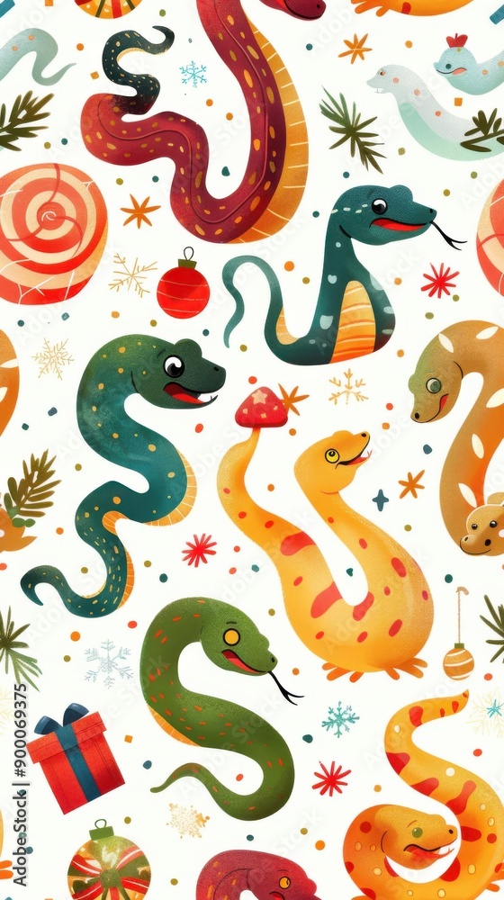 Cute cartoon snakes of different breeds and Christmas decorations, candy, gifts, garlands, cookies. Festive illustration - snake on winter holidays. Seamless pattern