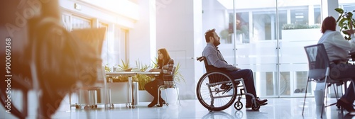 Man in wheelchair engaged in a meeting in a contemporary office setting. Highlighting the importance of inclusive work environments.