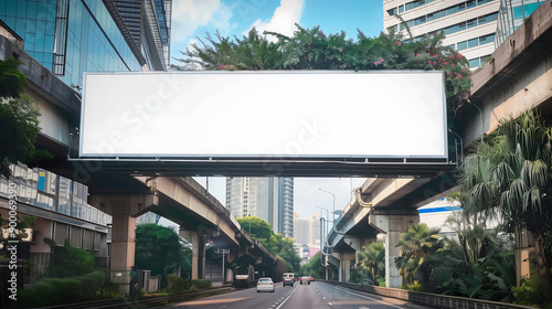 Empty billboard mockup on a pedestrian bridge over a busy road