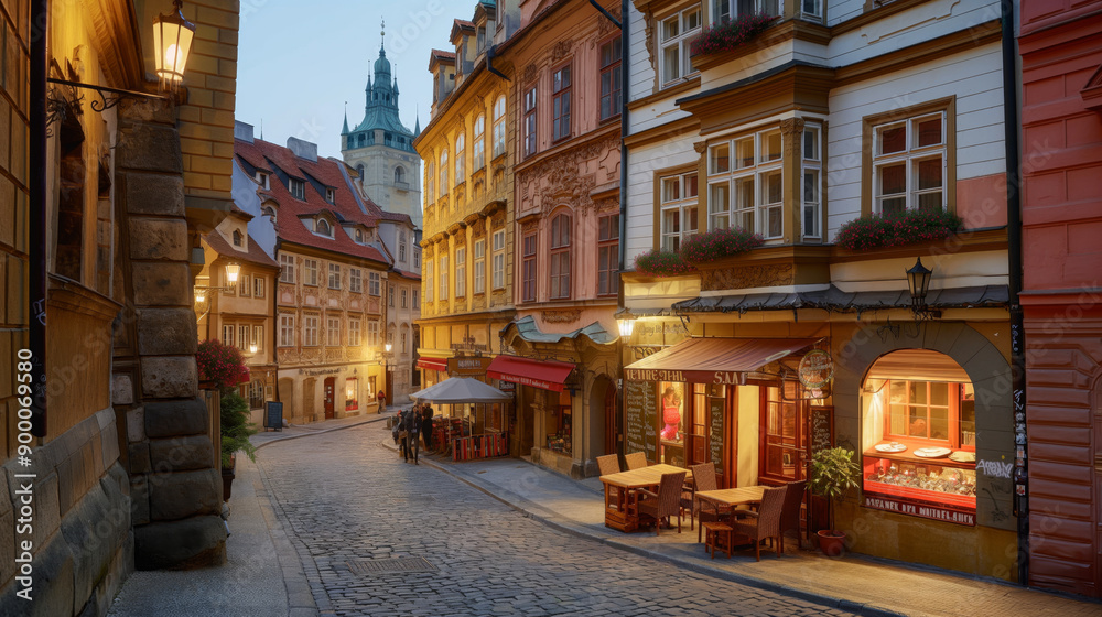 Fototapeta premium A picturesque European street at dusk, lined with colorful buildings, cozy cafes, and illuminated by warm street lights, romantic atmosphere