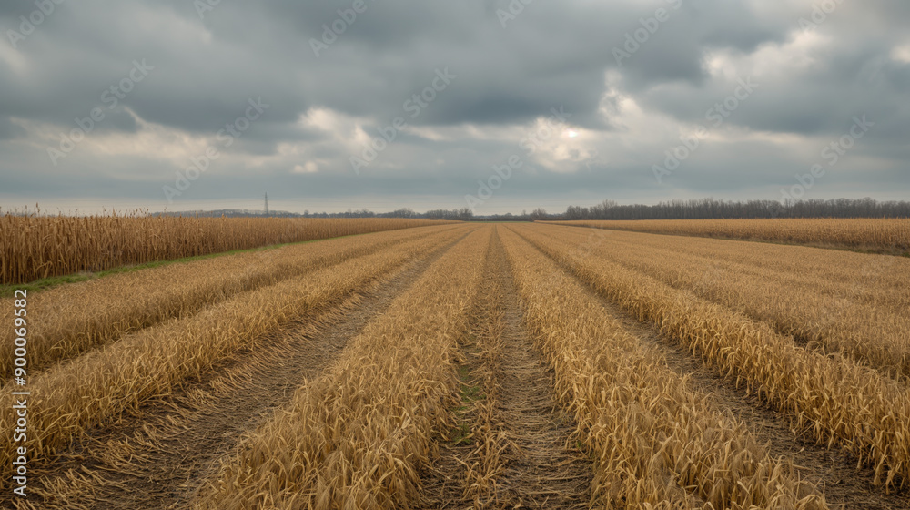 A vast cornfield under an overcast sky, showcasing the post-harvest landscape with rows of stubble and remaining crops A vast cornfield under an overcast sky, showcasing the post-harvest landscape with rows of stubble and remaining crops