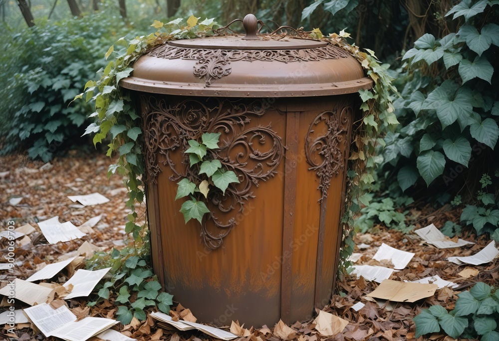 A rusted, ornate metal trash can A rusted, ornate metal trash can