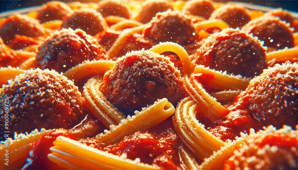 Spaghetti and meatballs topped with grated Parmesan cheese. Spaghetti and meatballs topped with grated Parmesan cheese.