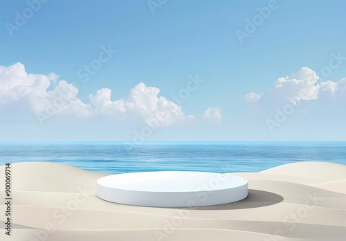 White podium on beach with ocean view. Product presentation mockup for cosmetics. 3D Rendering Mock up