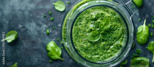 A green smoothie in a glass sits on a counter. The smoothie is green and has a frothy texture