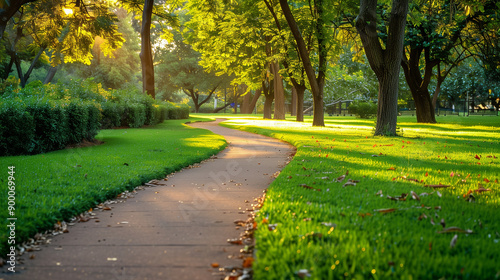 Fototapeta Naklejka Na Ścianę i Meble -  walking pathway in green park relaxing landscape wallpaper, background 