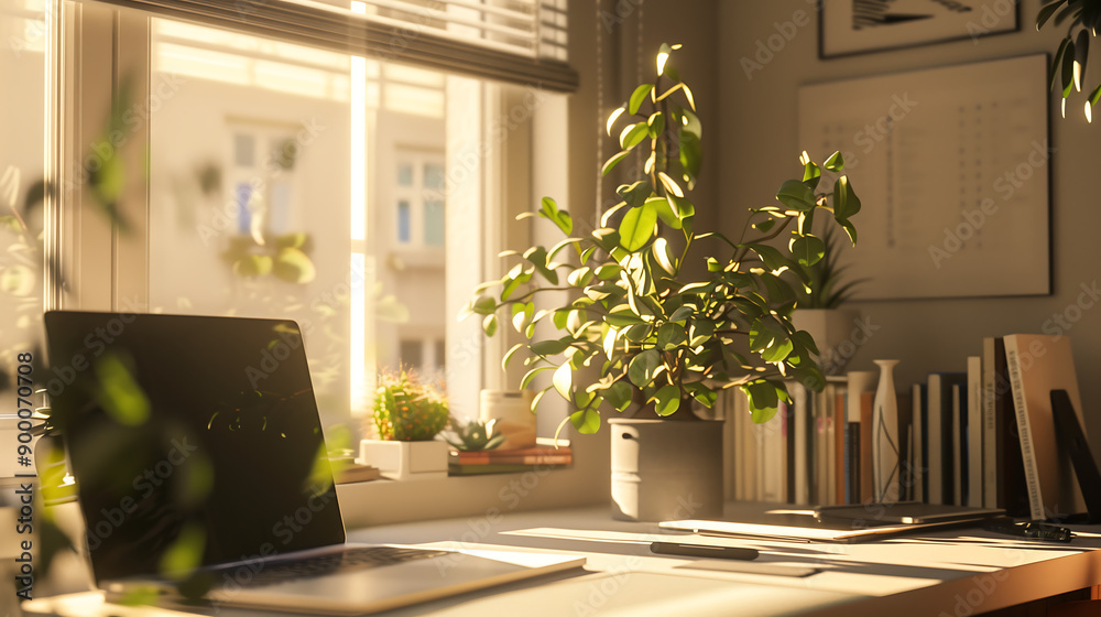 Modern cozy home office setup with a laptop, a potted plant, and sunlight streaming through the window. Ideal for remote work inspiration. Modern cozy home office setup with a laptop, a potted plant, and sunlight streaming through the window. Ideal for remote work inspiration.