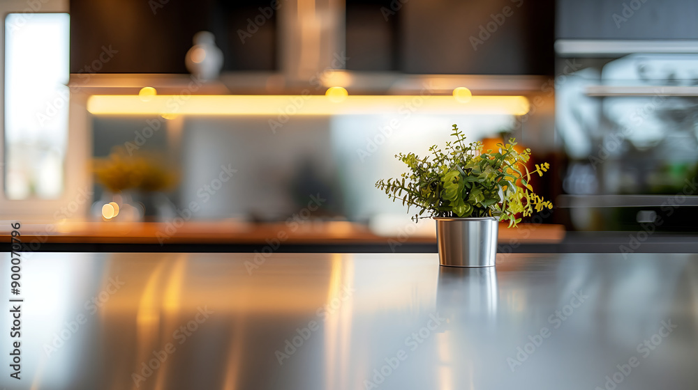 Modern kitchen interior with a sleek, clean stainless steel countertop and blurred background, perfect for culinary and home decor themes. Modern kitchen interior with a sleek, clean stainless steel countertop and blurred background, perfect for culinary and home decor themes.