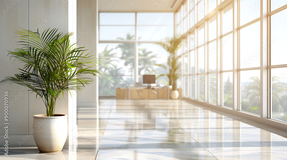Modern office interior with large windows and natural light, showcasing a potted plant for a fresh and airy ambiance. Modern office interior with large windows and natural light, showcasing a potted plant for a fresh and airy ambiance.