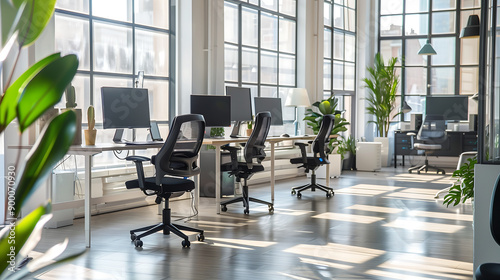 Modern office interior with large windows and natural light, showcasing a potted plant for a fresh and airy ambiance.