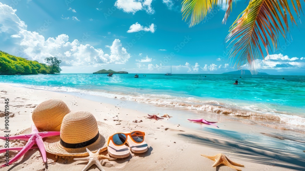 Tropical beach with sunbathing accessories, summer holiday background Tropical beach with sunbathing accessories, summer holiday background