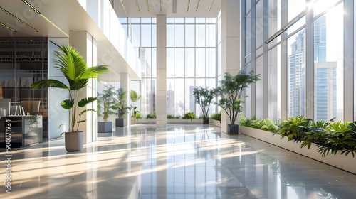 Sunlit modern office lobby with indoor plants and large windows capturing a cityscape backdrop, emphasizing natural lighting and open space.