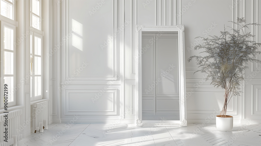 The photo shows a large mirror in a white frame standing in a room with white walls The photo shows a large mirror in a white frame standing in a room with white walls