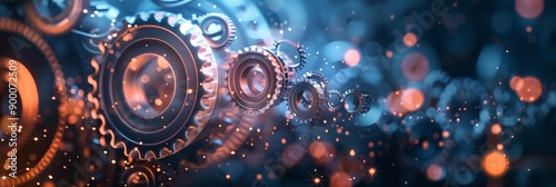 Close-up of interconnected mechanical gears in a blue light. Industrial engineering and machinery concept.