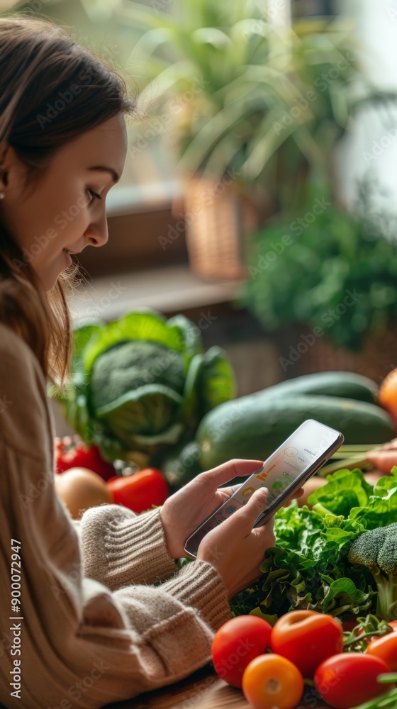 Young woman using her phone to document fresh produce in a kitchen filled with plants. Nutrition and healthy lifestyle concept. Young woman using her phone to document fresh produce in a kitchen filled with plants. Nutrition and healthy lifestyle concept.