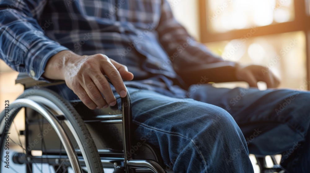 Obraz premium Man sitting in a wheelchair near a window wearing a plaid shirt and jeans. Accessibility and comfort in daily life for disabled individuals.