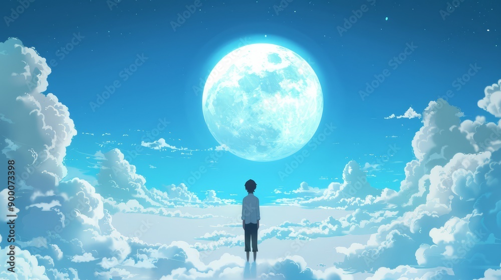 man stands in the center of an endless white cloud, with his back to us and looking at the huge moon in front. The background is a blue sky, surrounded by white clouds man stands in the center of an endless white cloud, with his back to us and looking at the huge moon in front. The background is a blue sky, surrounded by white clouds