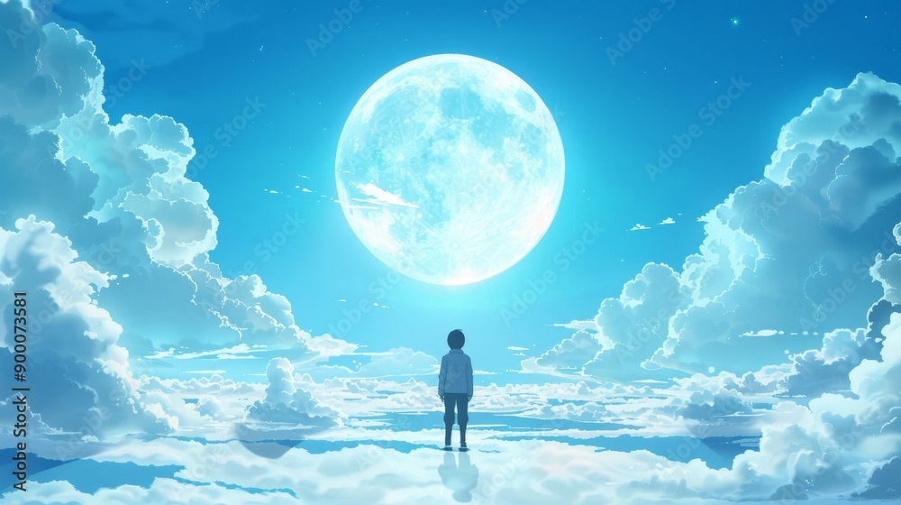 man stands in the center of an endless white cloud, with his back to us and looking at the huge moon in front. The background is a blue sky, surrounded by white clouds man stands in the center of an endless white cloud, with his back to us and looking at the huge moon in front. The background is a blue sky, surrounded by white clouds