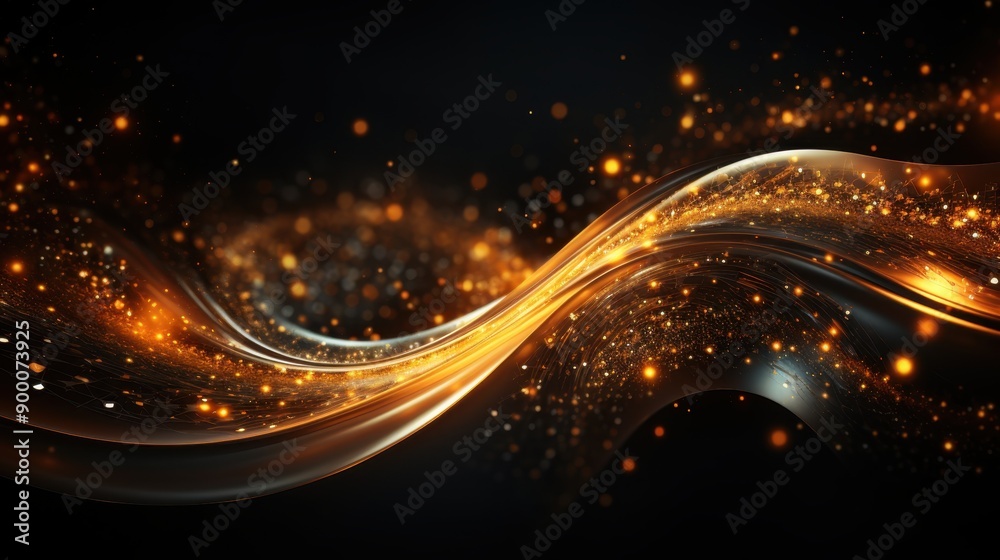 Obraz premium Golden abstract swirl, waves of light and energy, luminous golden particles effect in dark background.