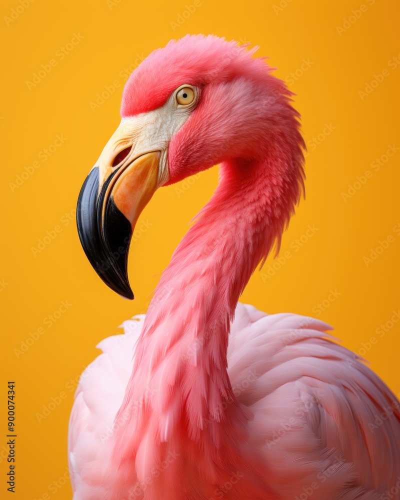 Fototapeta premium Pink flamingo bird portrait close-up against a vibrant orange yellow background.