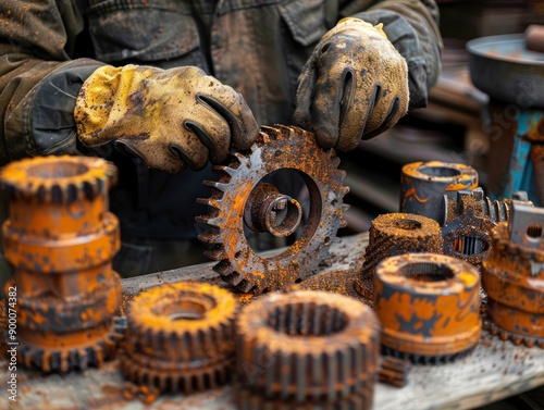 Skilled Worker Assembling Rusty Gears with Safety Gloves, Industrial Manufacturing Process, Mechanical Parts, Gear Assembly, Safety Equipment, Workshop, Metalworking, Engineering, Industrial Design