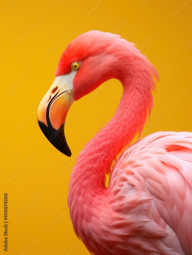 Fototapeta premium Pink flamingo bird portrait close-up against a vibrant yellow background.