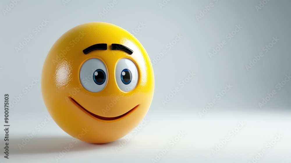 A 3D luxury yellow emoji showing a subtle smile with one eyebrow raised, set against a white backdrop, suggesting curiosity and sophistication A 3D luxury yellow emoji showing a subtle smile with one eyebrow raised, set against a white backdrop, suggesting curiosity and sophistication