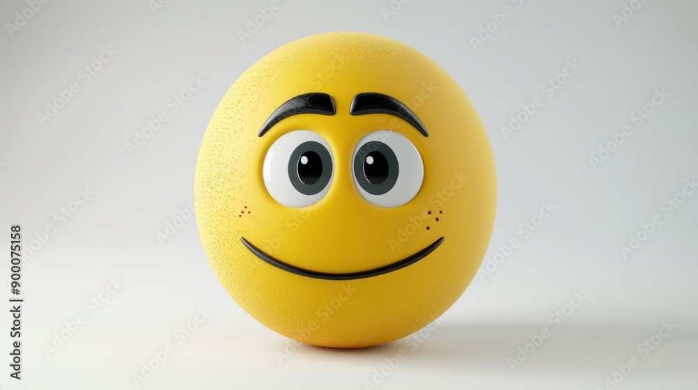 A 3D luxury yellow emoji showing a subtle smile with one eyebrow raised, set against a white backdrop, suggesting curiosity and sophistication