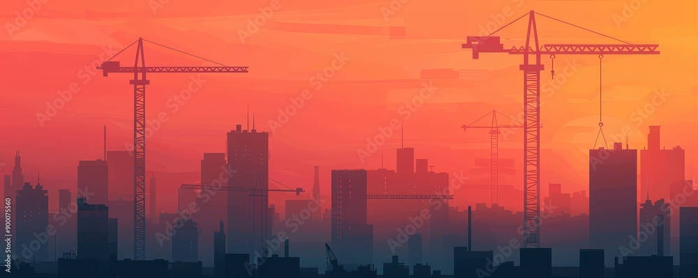 Fototapeta premium Construction site with cranes and workers, urban development, building progress