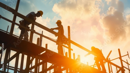 Team of construction workers framing a house, teamwork and craftsmanship, residential building