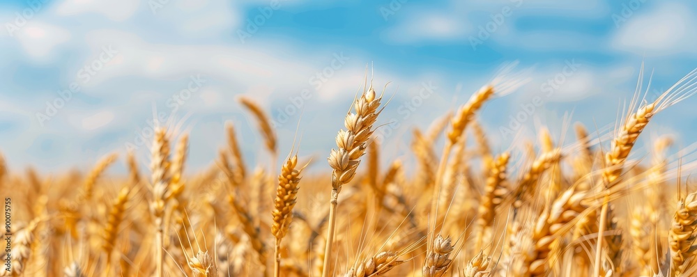 Fototapeta premium Golden wheat field under a blue sky, abundant harvest, rural landscape