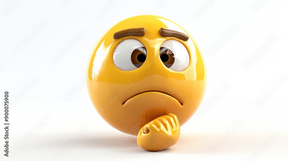 A contemplative 3D yellow face emoji, looking upward with a hand on chin, against a white backdrop, reflecting a mood of deep thought or curiosity A contemplative 3D yellow face emoji, looking upward with a hand on chin, against a white backdrop, reflecting a mood of deep thought or curiosity